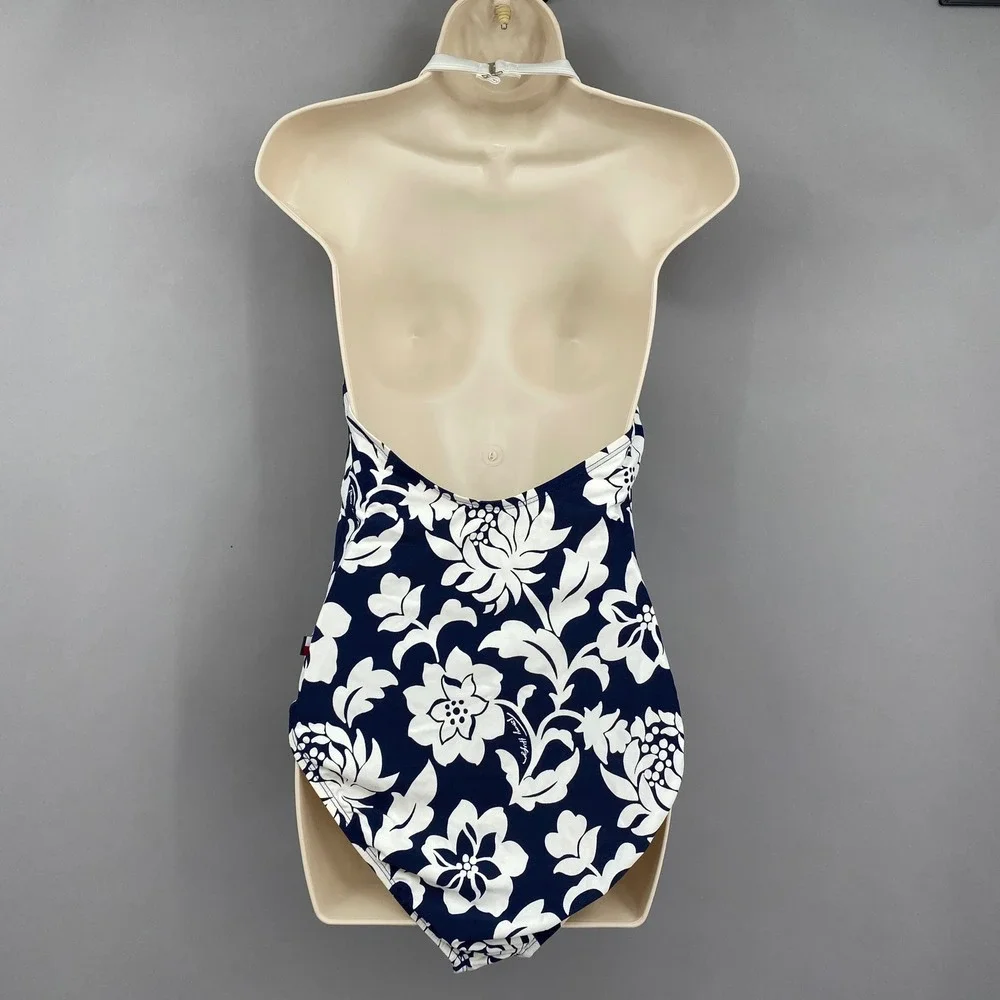 Tommy Hilfiger Floral Halter One Piece Swimsuit Womens 14 Navy White Nautical